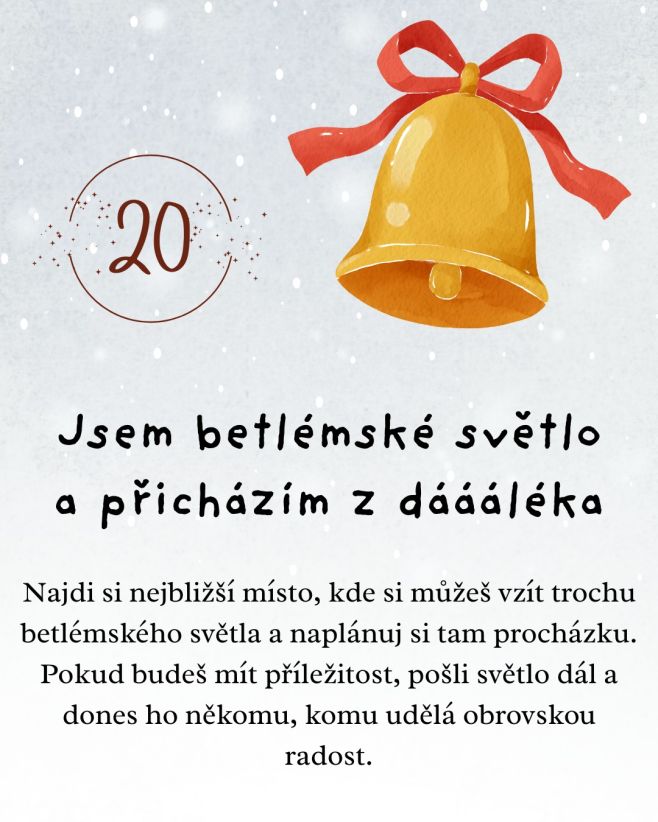 Světlo prozáří tmu. Světlo je naděje. A betlémské má jasné poselství - klid, mír a přátelství. Pošli kousek dál......